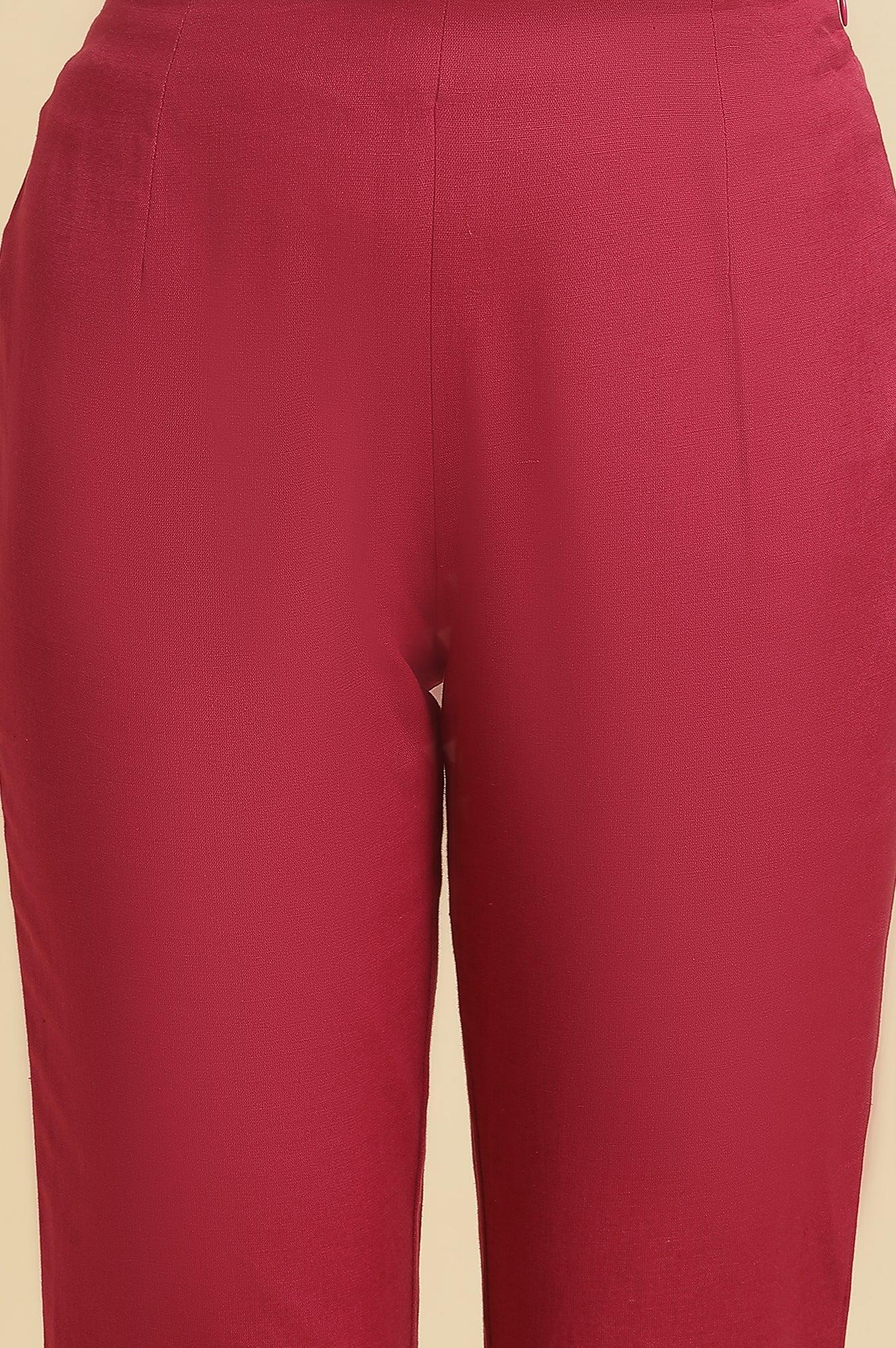 Pink Solid Cotton Flax Slim Pants - wforwoman