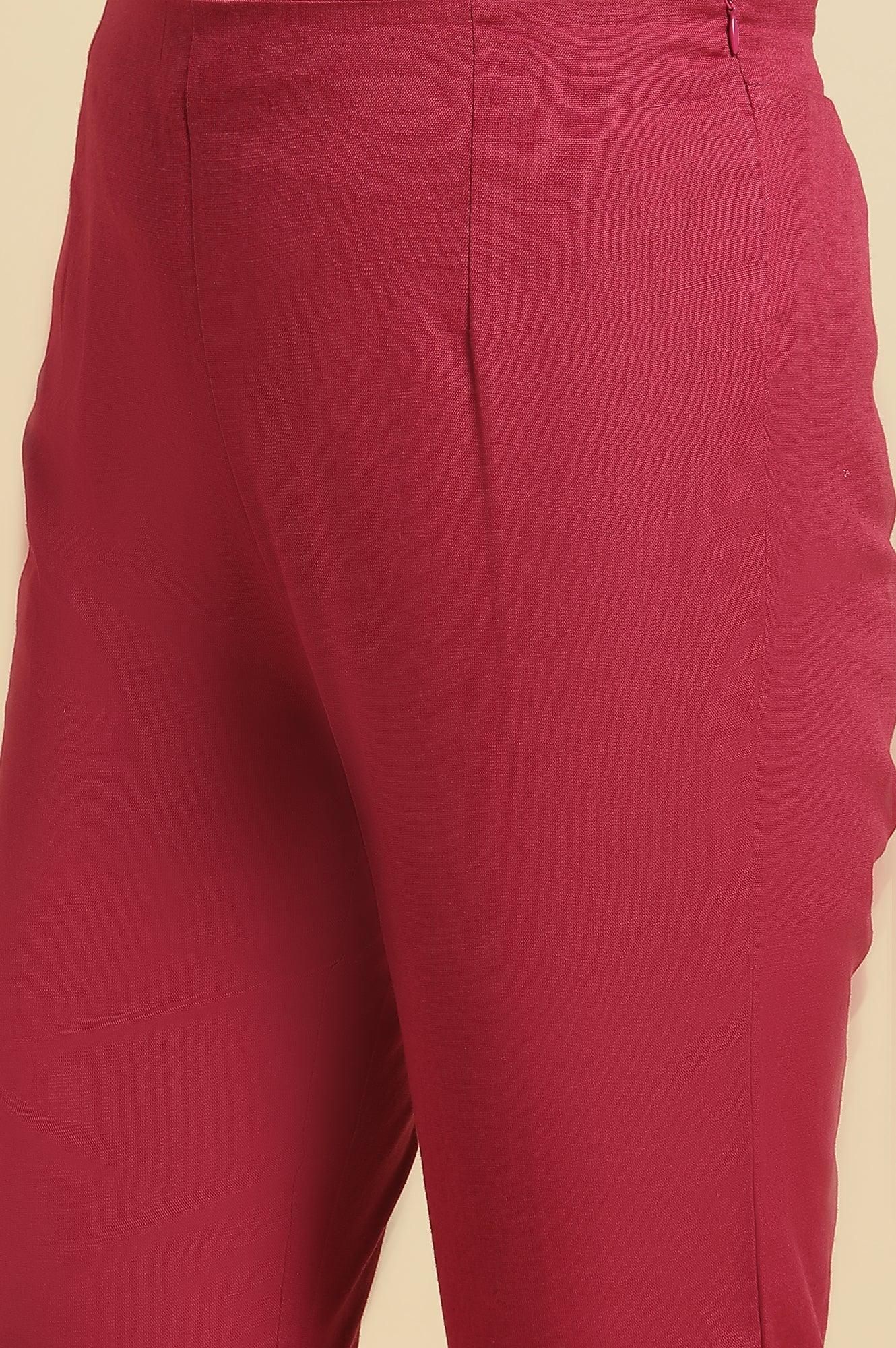 Pink Solid Cotton Flax Slim Pants - wforwoman