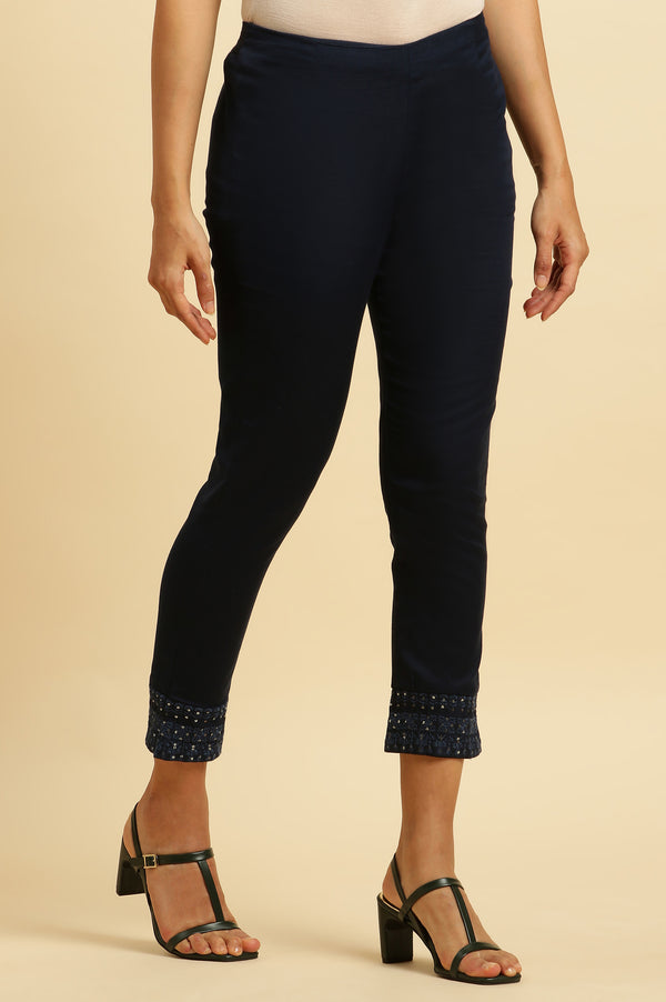 Navy Blue Solid Embroidered Slim Pants