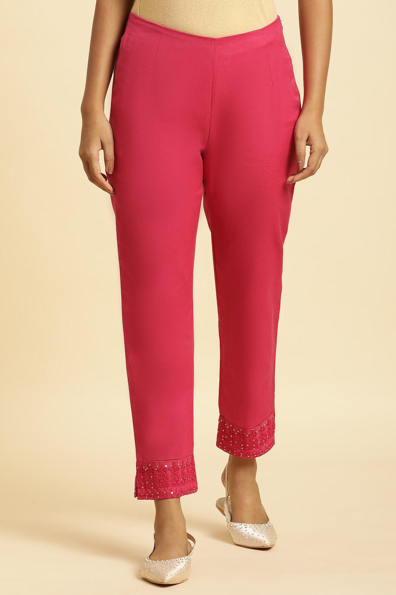 Pink Slim Pants With Embroidered Hem - wforwoman
