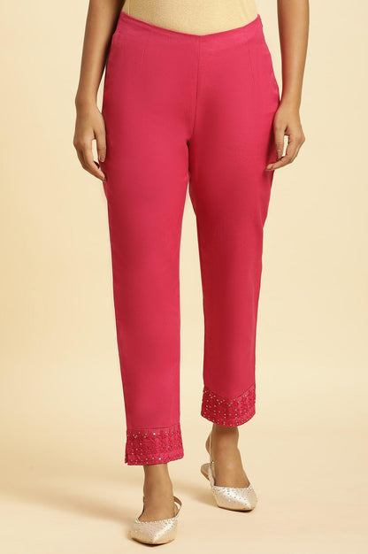 Pink Slim Pants With Embroidered Hem - wforwoman