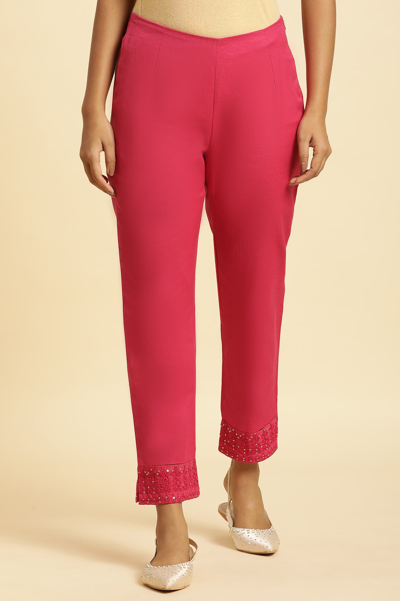 Pink Solid Embroidered Slim Cotton Pant