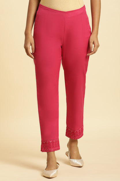 Pink Solid Embroidered Slim Cotton Pant