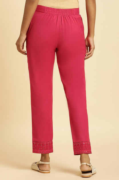 Pink Slim Pants With Embroidered Hem - wforwoman