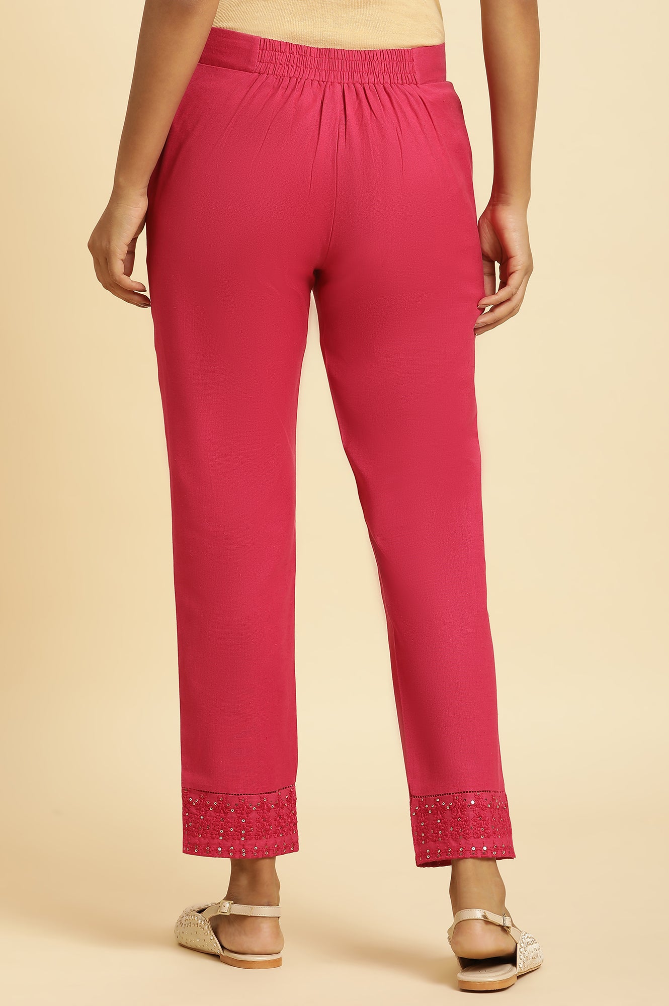 Pink Solid Embroidered Slim Cotton Pant