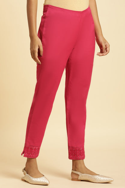 Pink Solid Embroidered Slim Cotton Pant