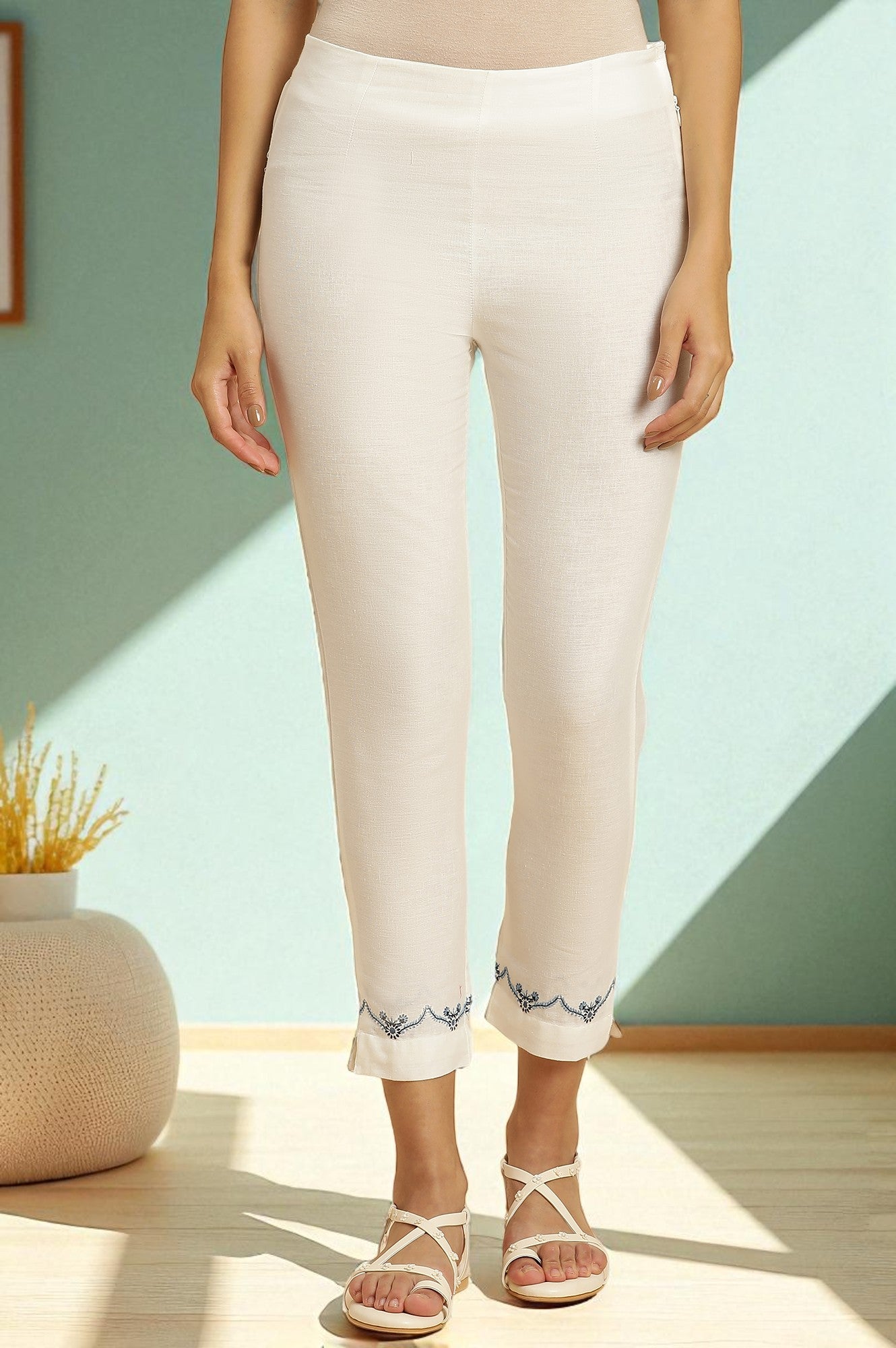 White Slim Pants with Embroidered Hemline