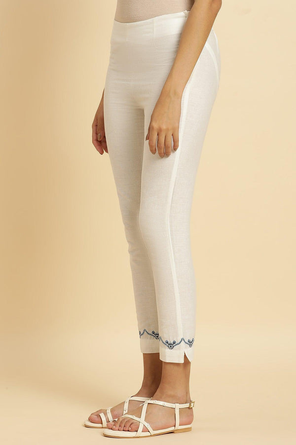 White Slim Pants with Embroidered Hemline