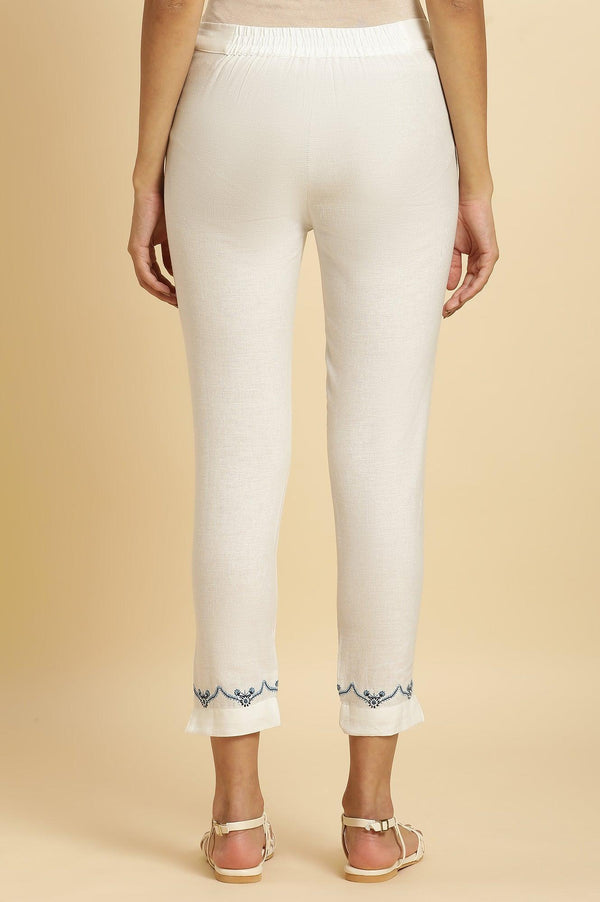 White Slim Pants with Embroidered Hemline