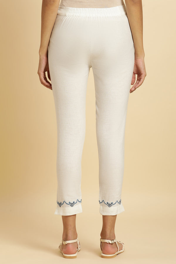 White Solid Embroidered Slim Cotton Pants