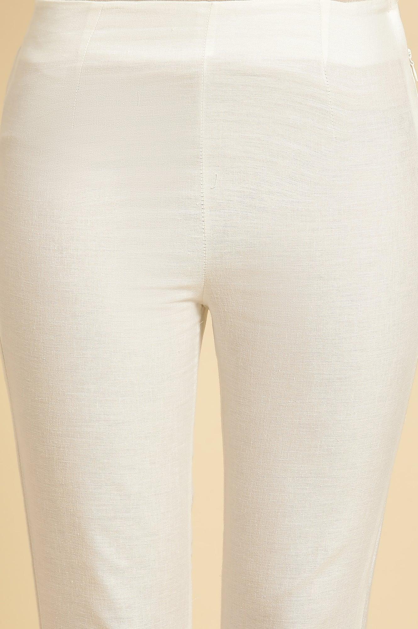 White Slim Pants With Embroidered Hemline - wforwoman