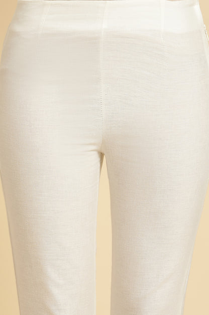 White Solid Embroidered Slim Cotton Pants