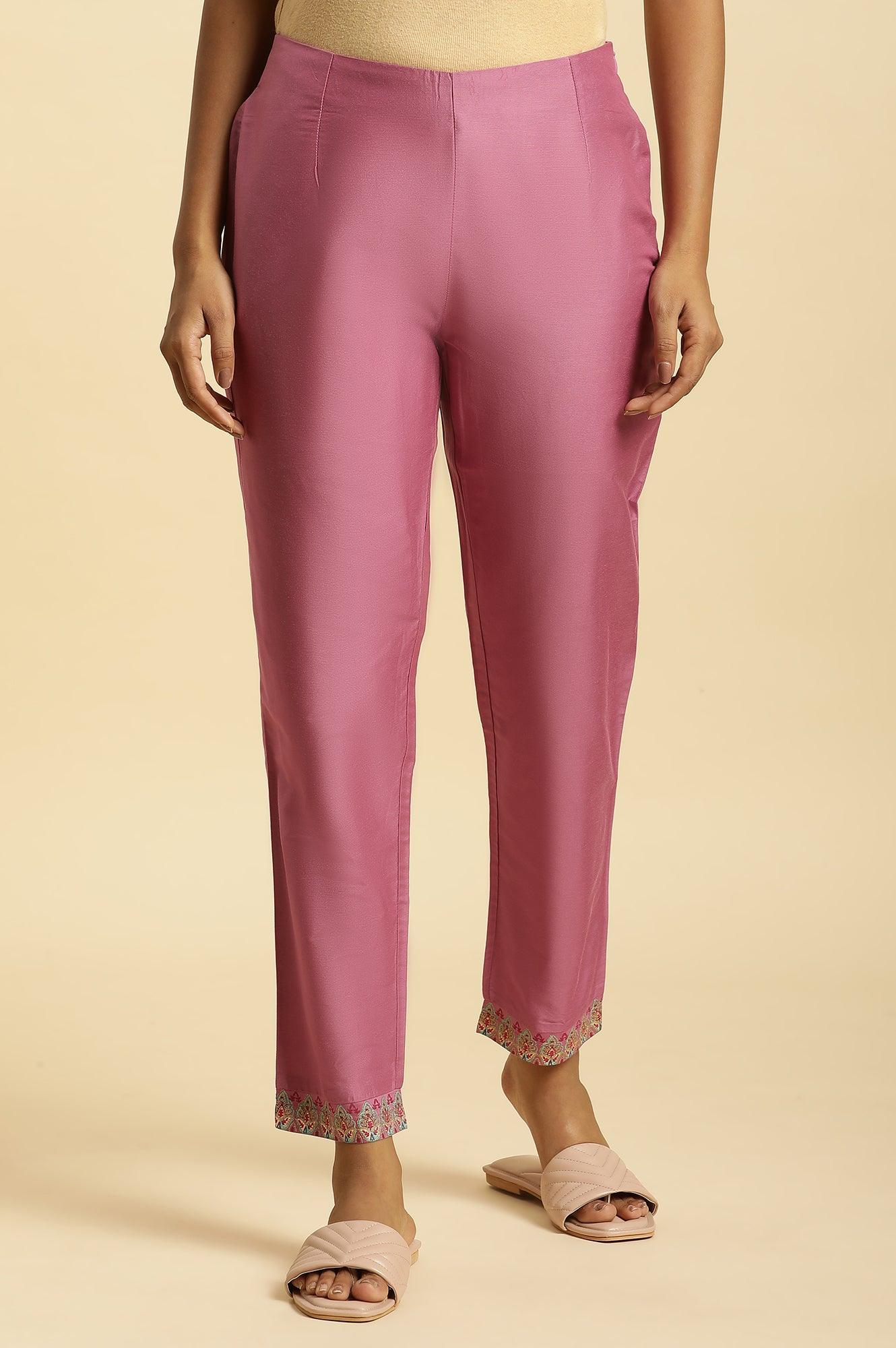 Purple Slim Pants With Printed Kota Border - wforwoman