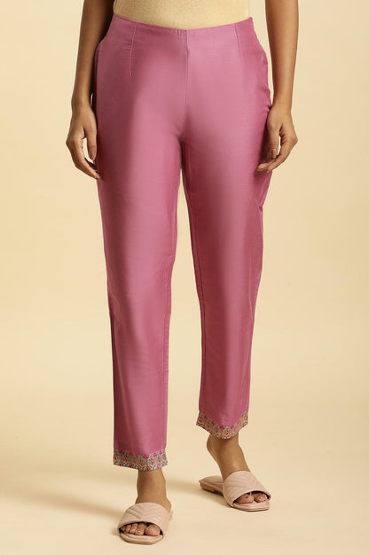 Purple Slim Pants With Printed Kota Border - wforwoman