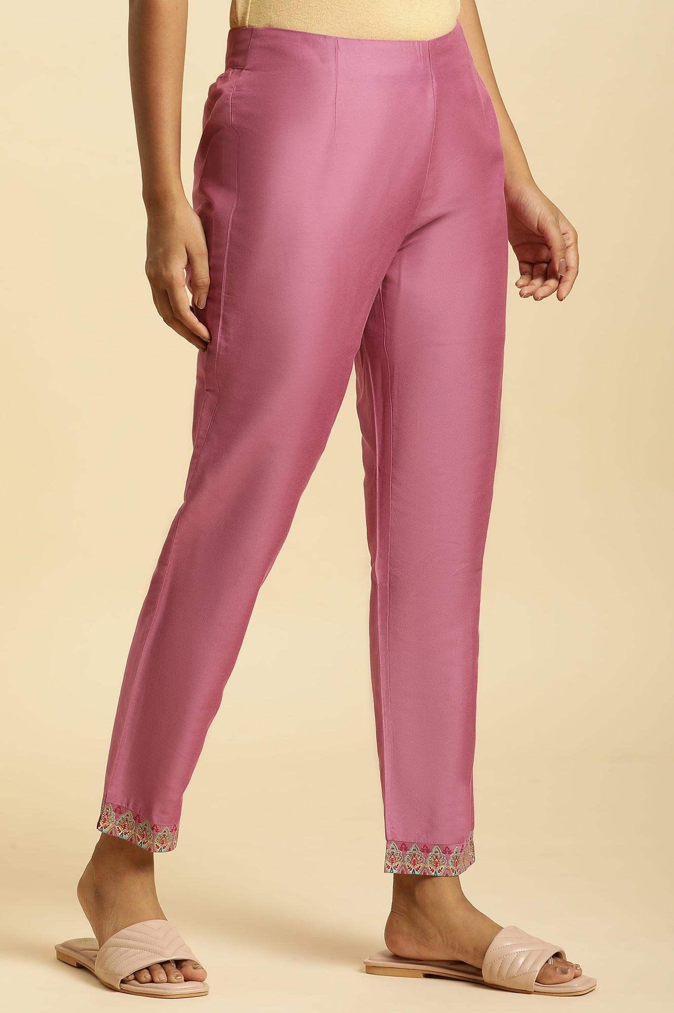 Purple Slim Pants With Printed Kota Border - wforwoman