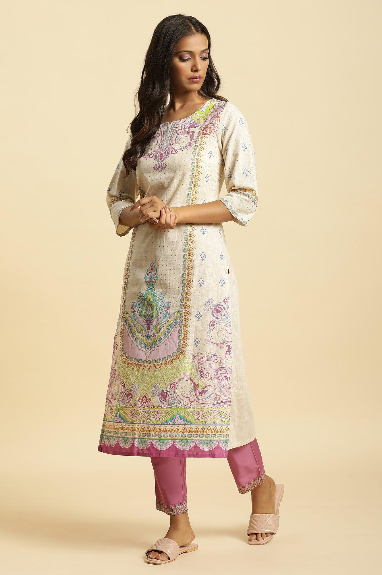 Purple Slim Pants With Printed Kota Border - wforwoman