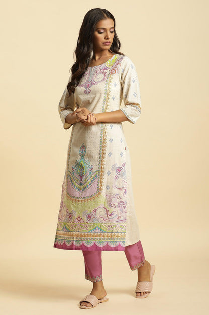 Purple Slim Pants With Printed Kota Border - wforwoman