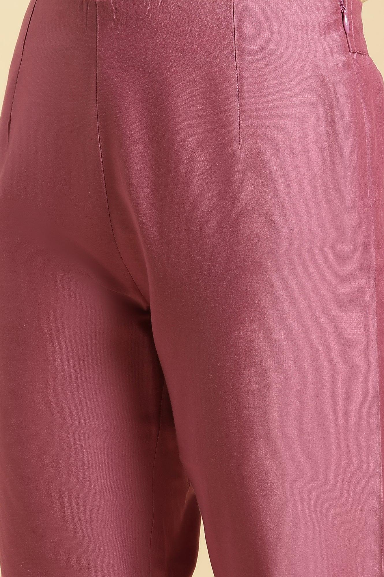 Purple Slim Pants With Printed Kota Border - wforwoman