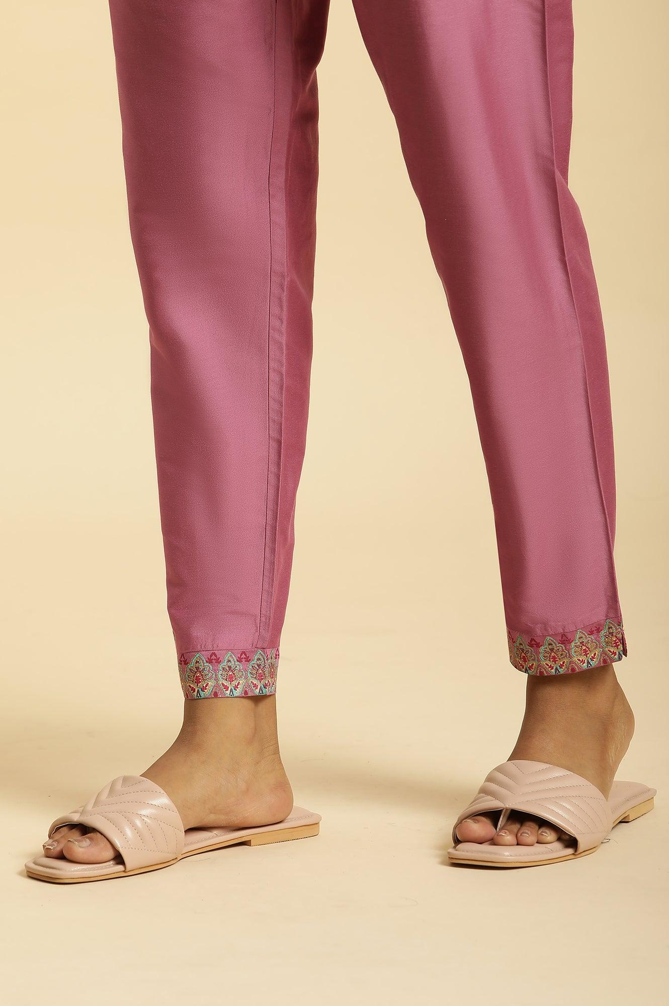 Purple Slim Pants With Printed Kota Border - wforwoman