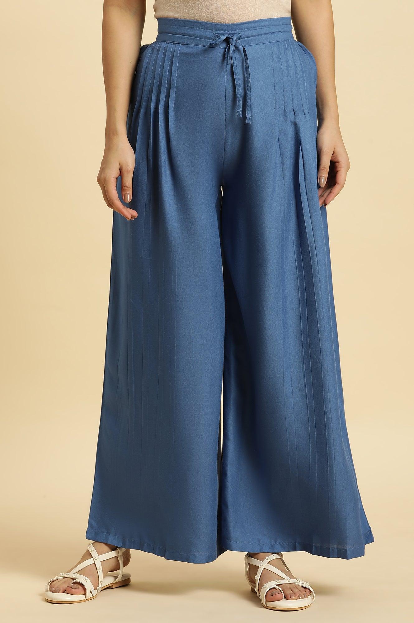Blue Pleated Solid Parallel Pants - wforwoman
