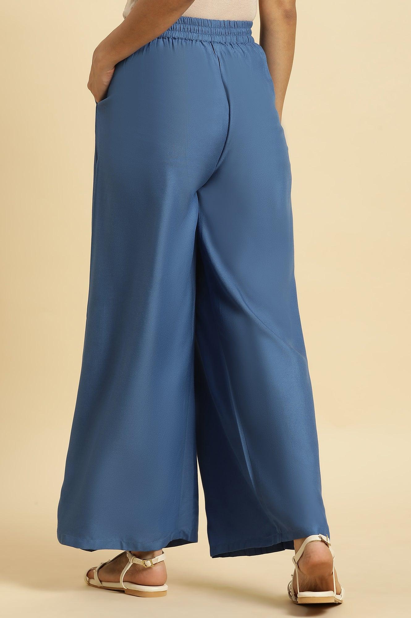 Blue Pleated Solid Parallel Pants - wforwoman