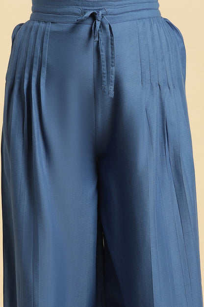 Blue Pleated Solid Parallel Pants - wforwoman