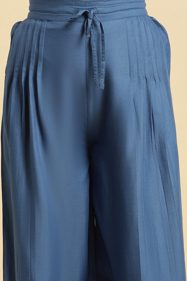 Blue Pleated Solid Parallel Pants