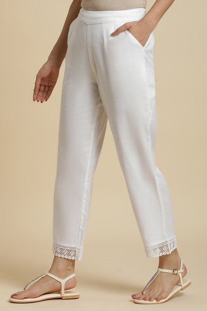 Ecru Straight Pants With Lace Hemline