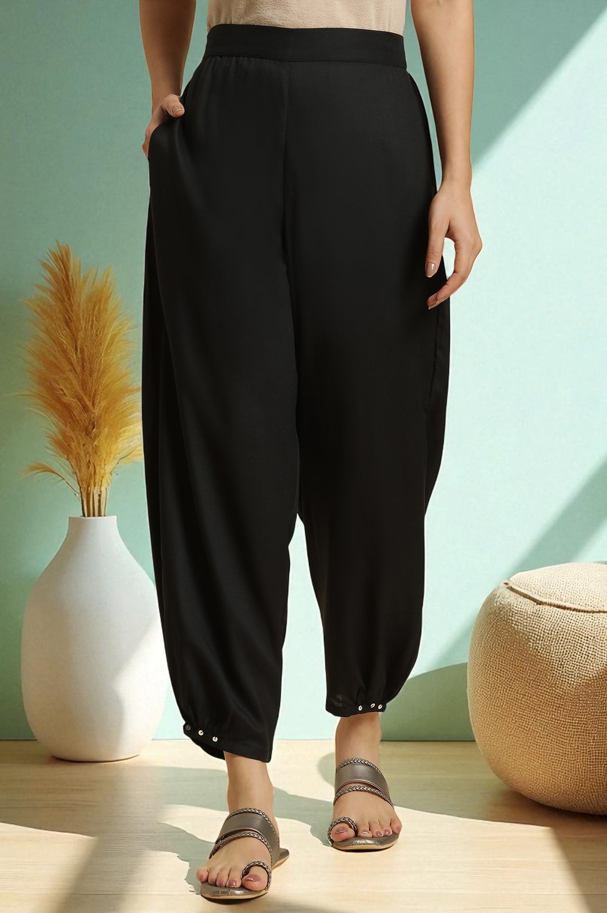 Black Side Gather Rayon Pants with Sequin Details
