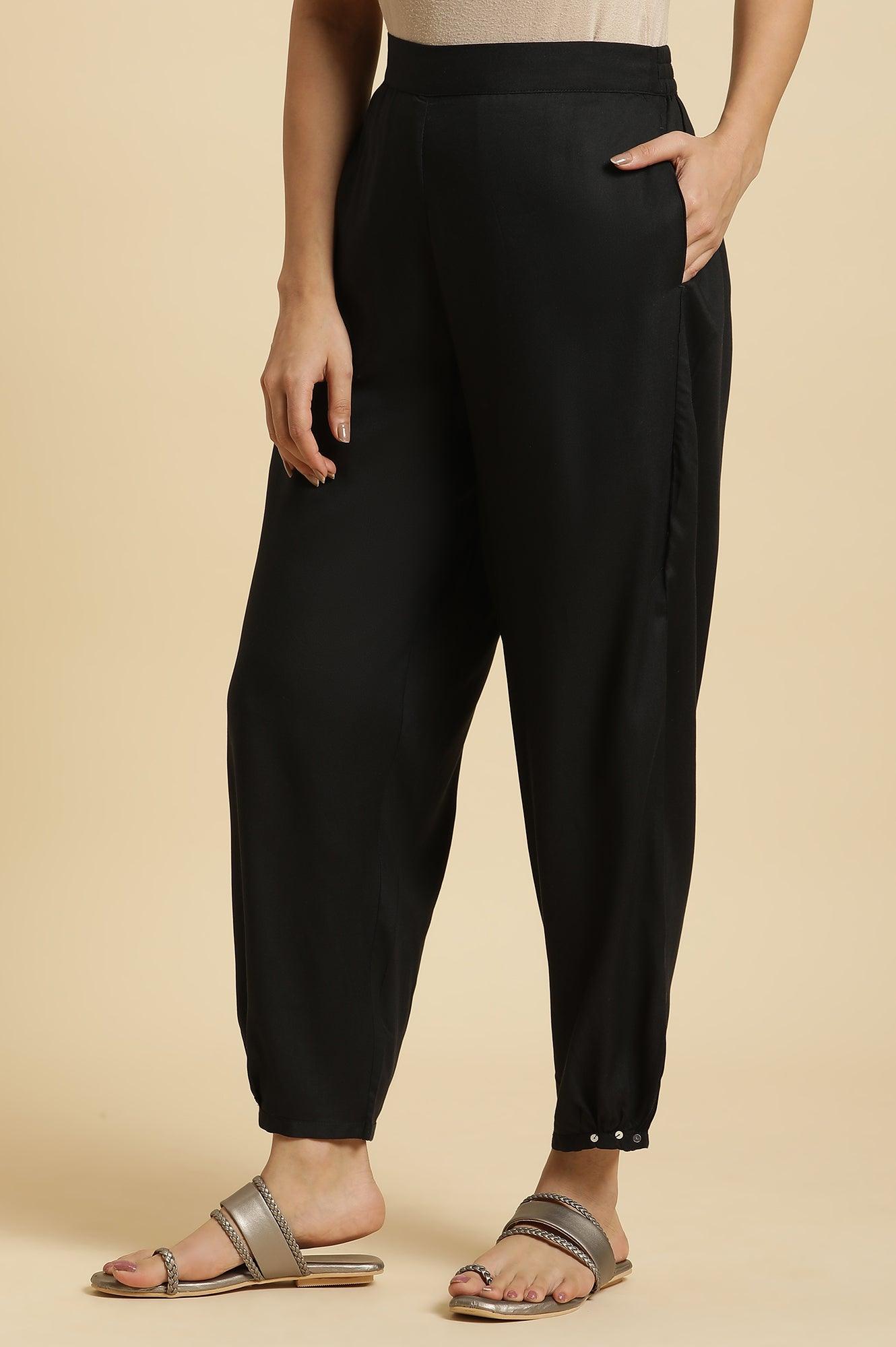Black Side Gather Pants With Sequin Details - wforwoman