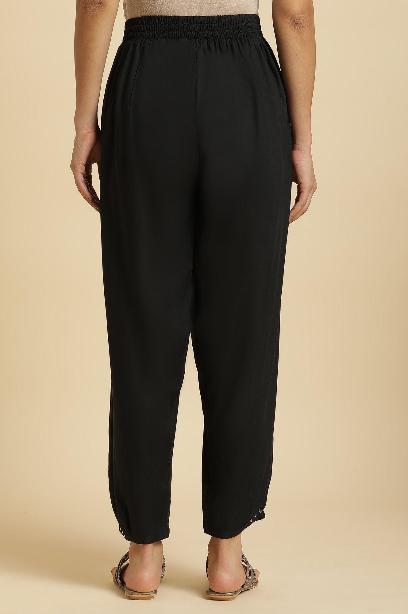 Black Side Gather Pants With Sequin Details - wforwoman