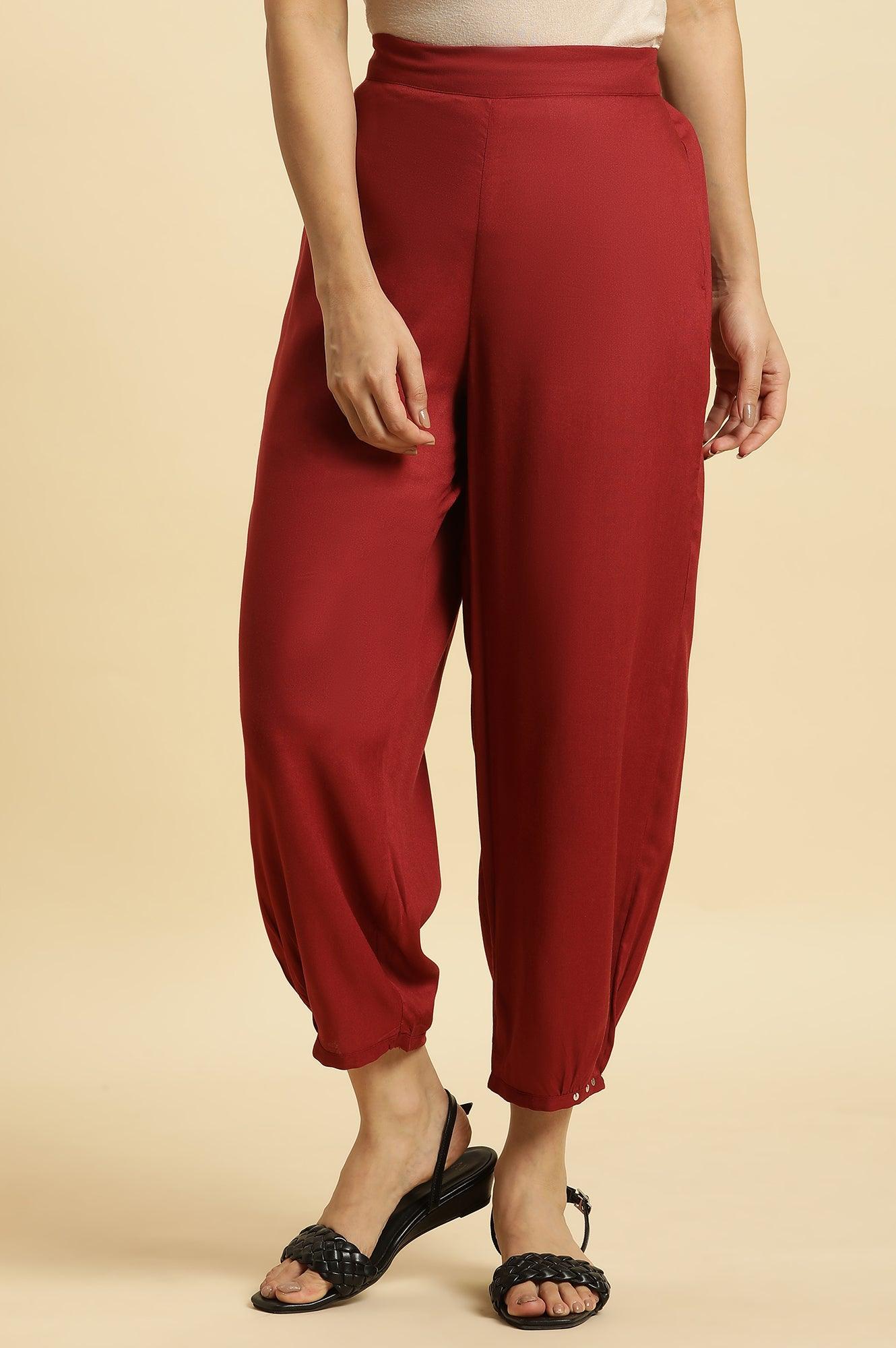 Maroon Side Gathered Pants With Sequin Detailing - wforwoman