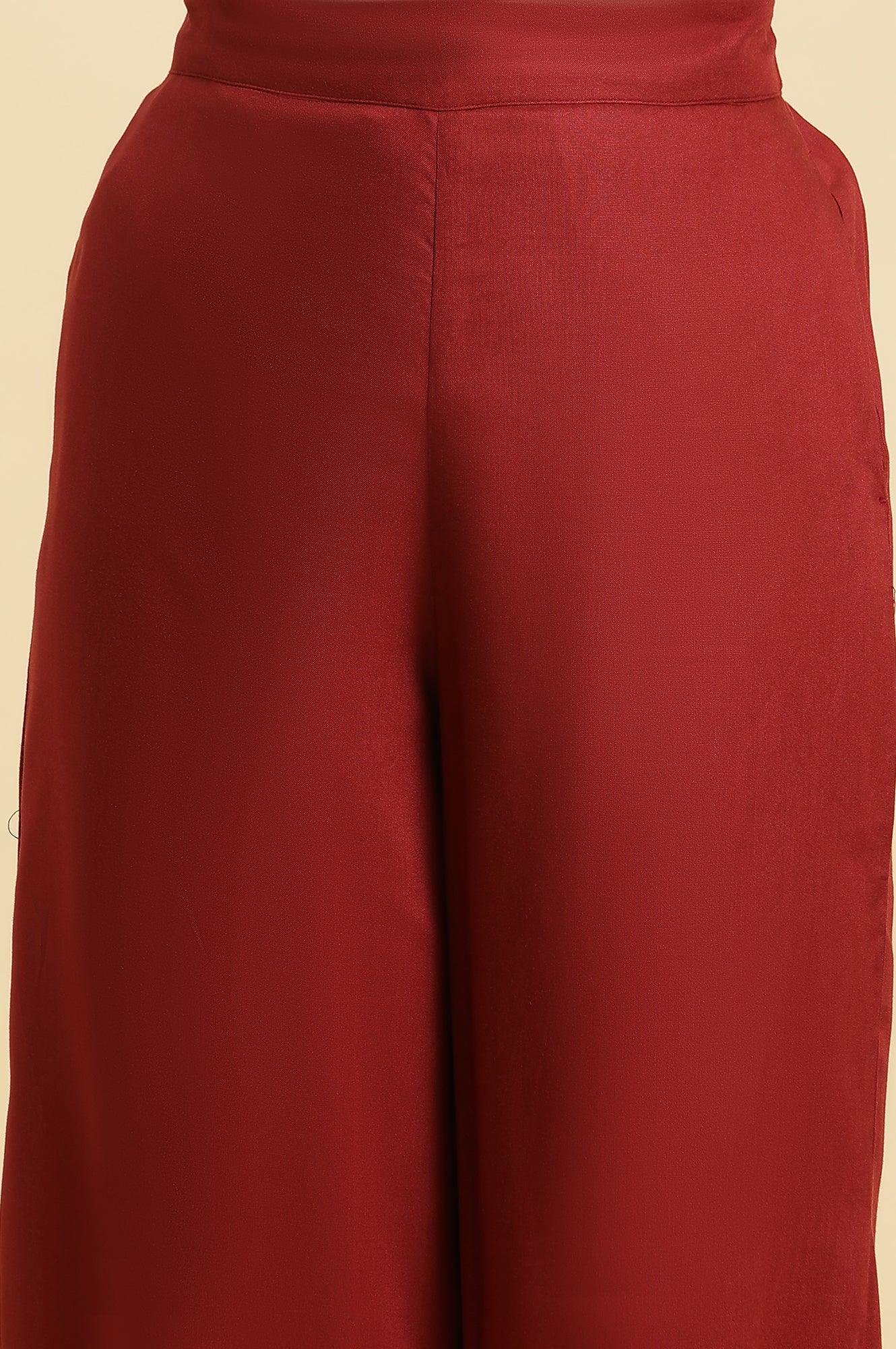Maroon Side Gathered Pants With Sequin Detailing - wforwoman