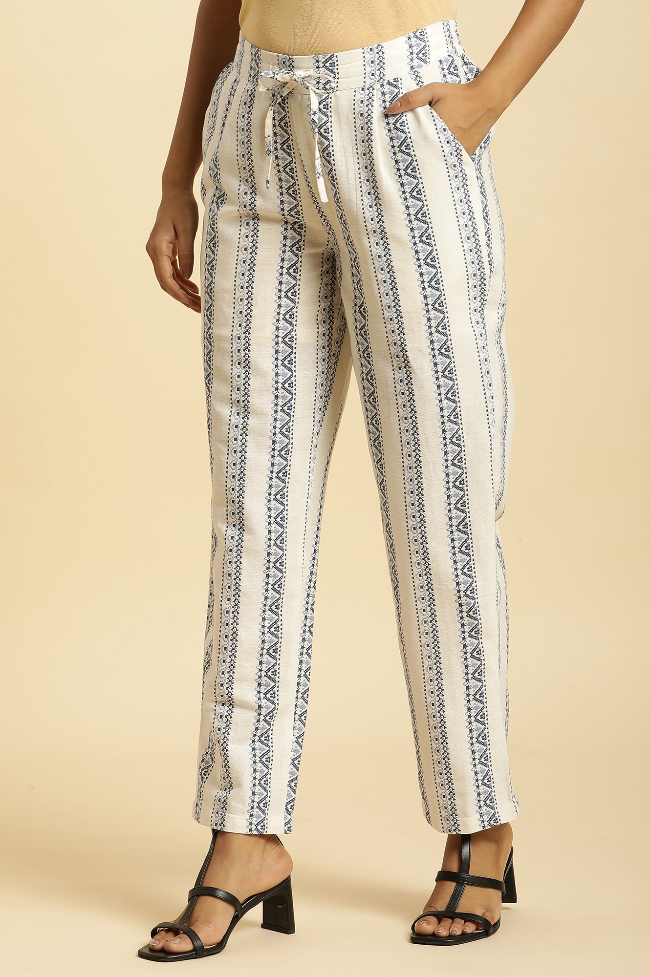 White Straight Pants With Blue Geometric Print