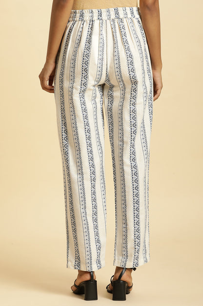 White Straight Pants With Blue Geometric Print