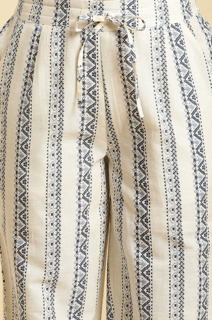 White Straight Pants With Blue Geometric Print