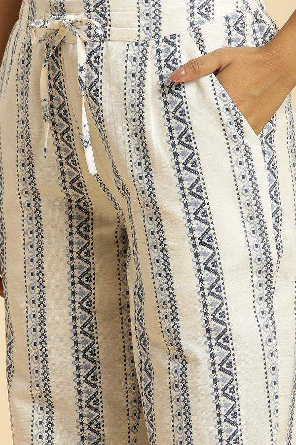 White Straight Pants With Blue Geometric Print