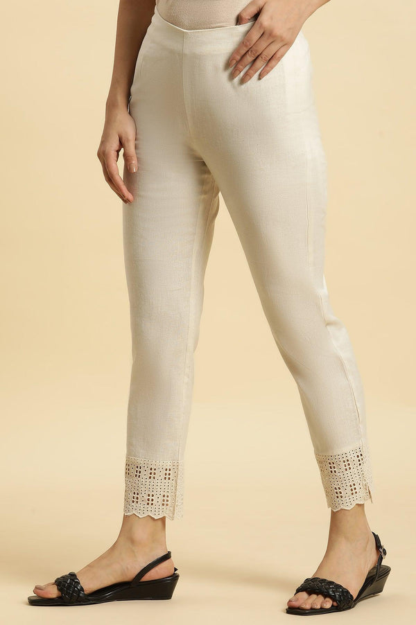 Ecro Solid Cotton Pants With Schiffli Detailing