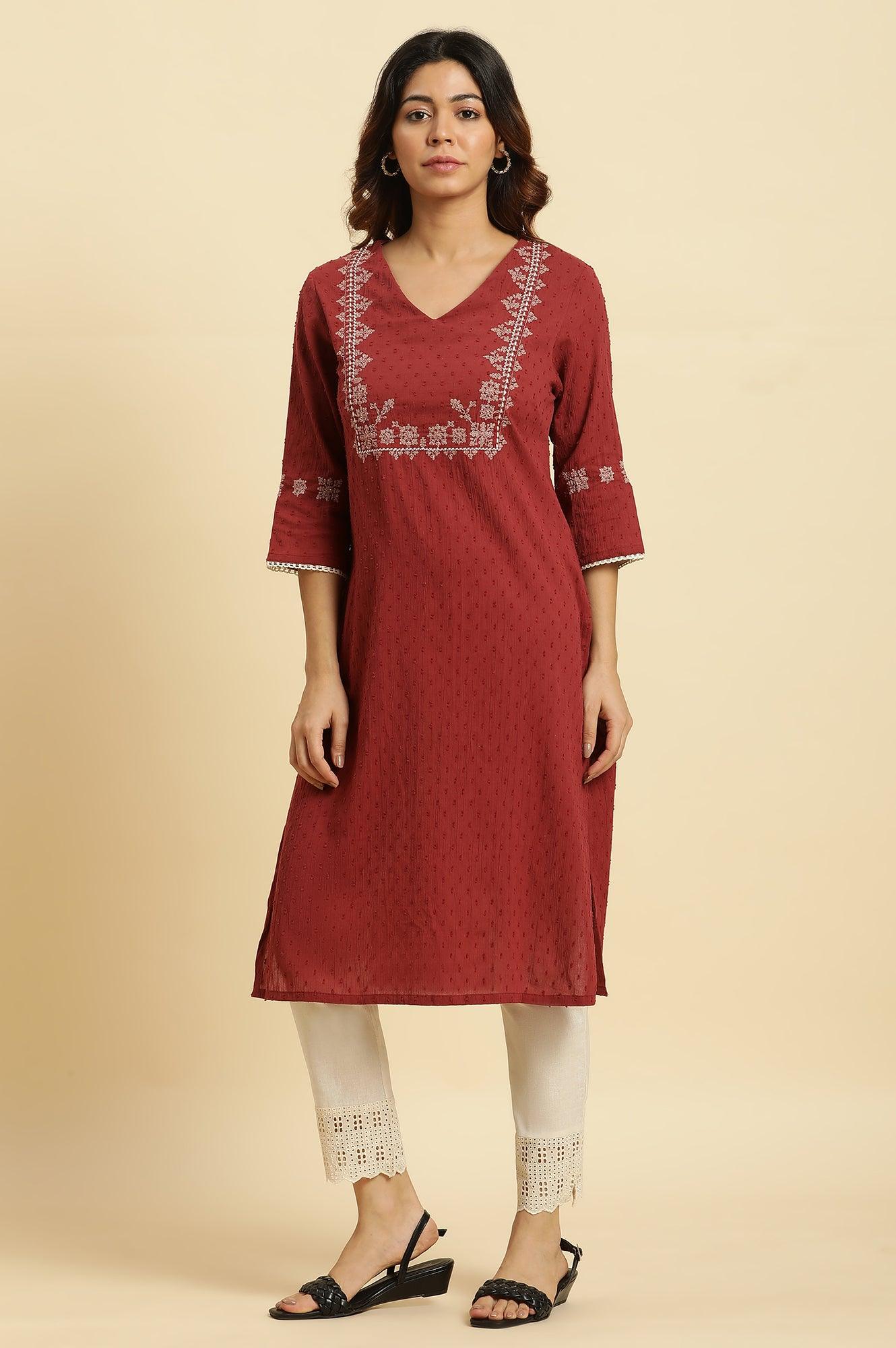 Ecro Solid Cotton Pants With Schiffli Detailing - wforwoman