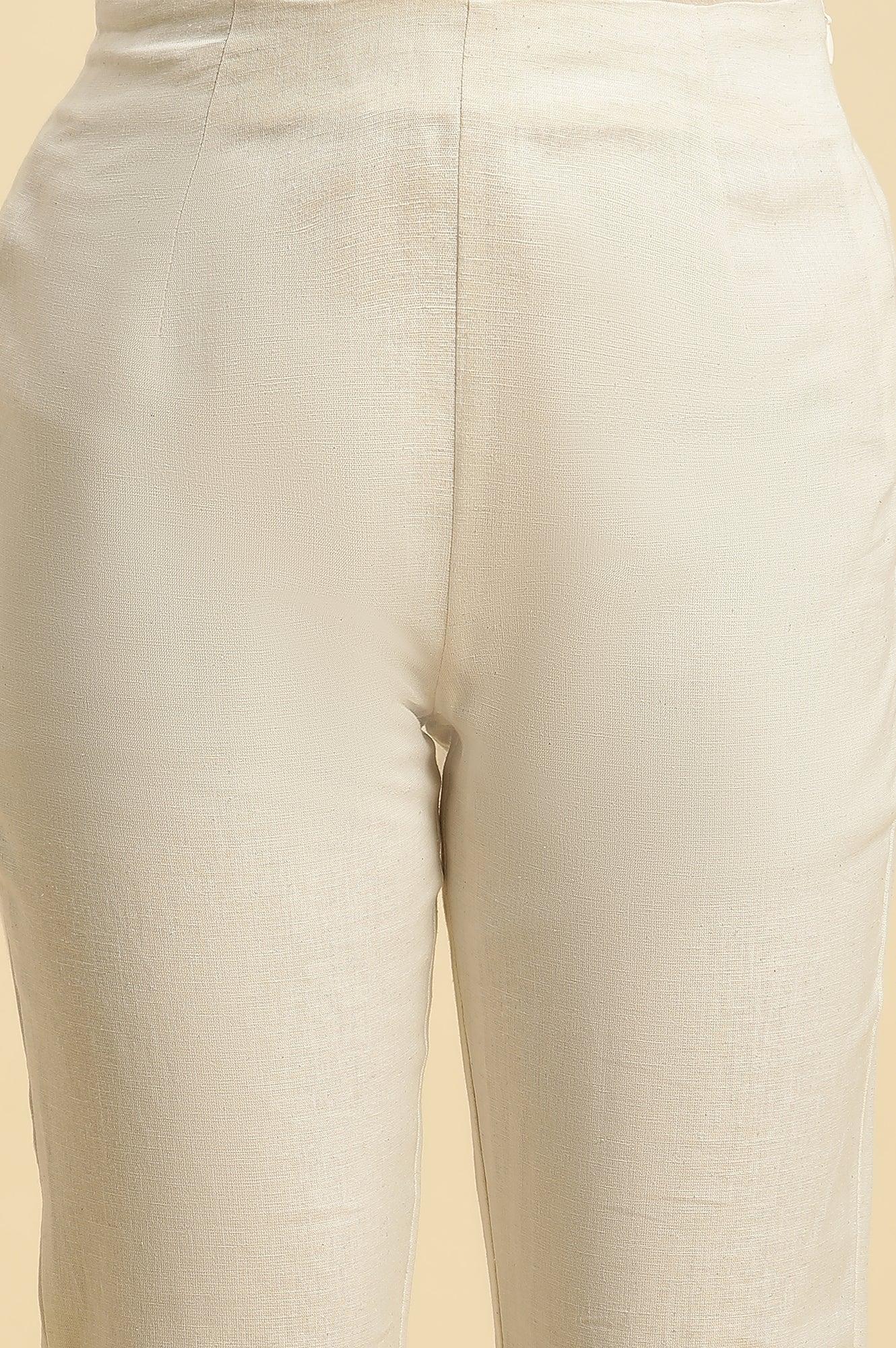 Ecro Solid Cotton Pants With Schiffli Detailing - wforwoman