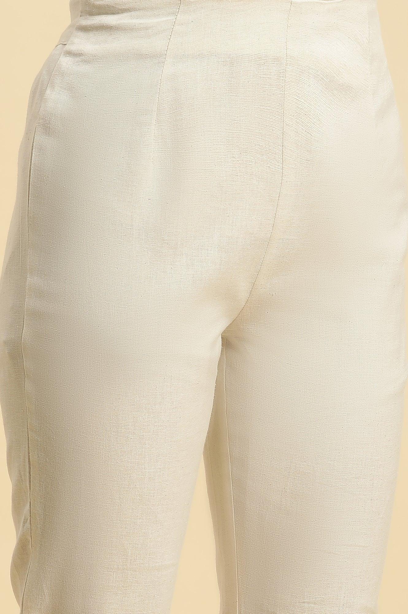 Ecro Solid Cotton Pants With Schiffli Detailing - wforwoman
