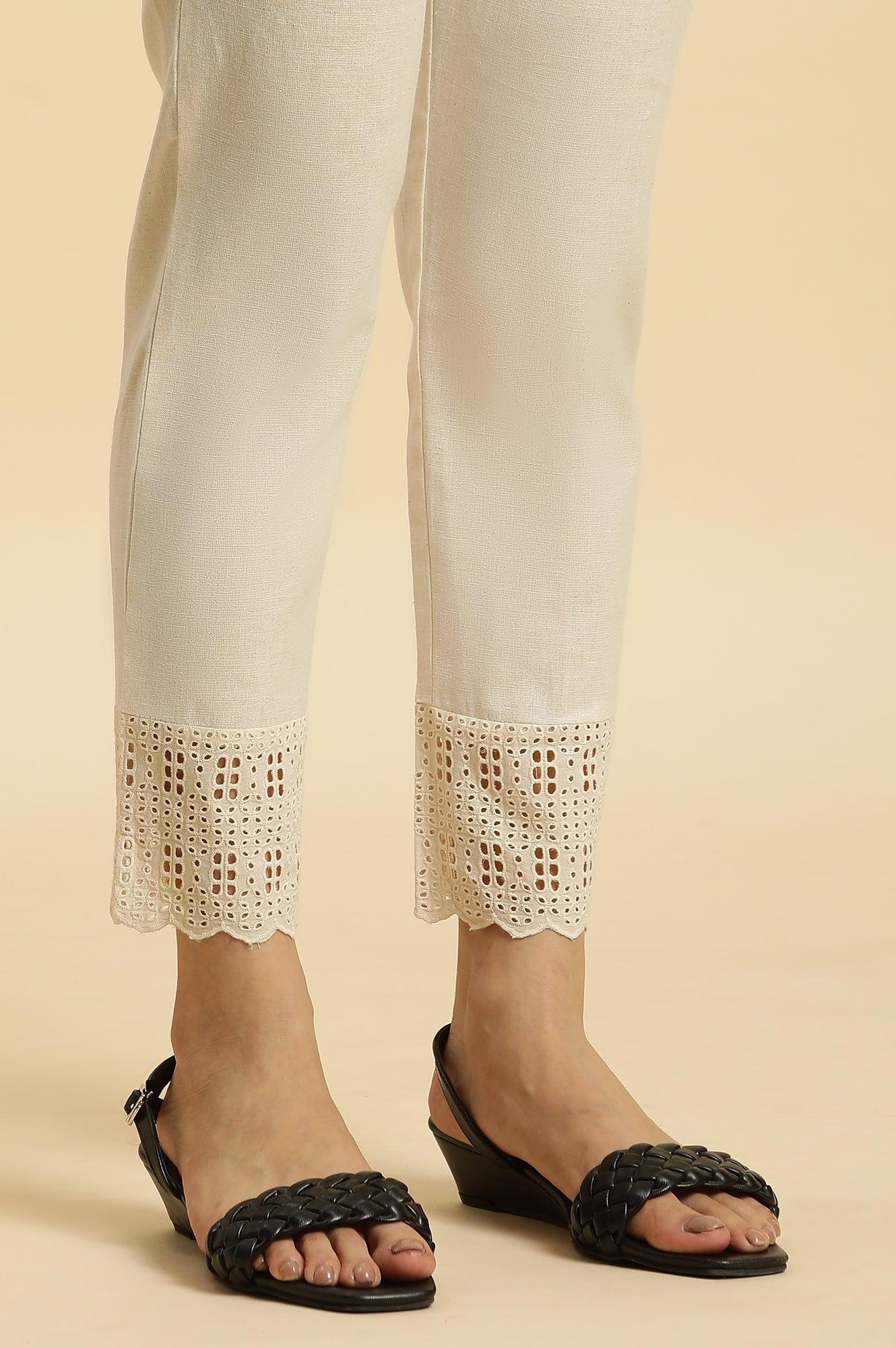 Ecro Solid Cotton Pants With Schiffli Detailing - wforwoman
