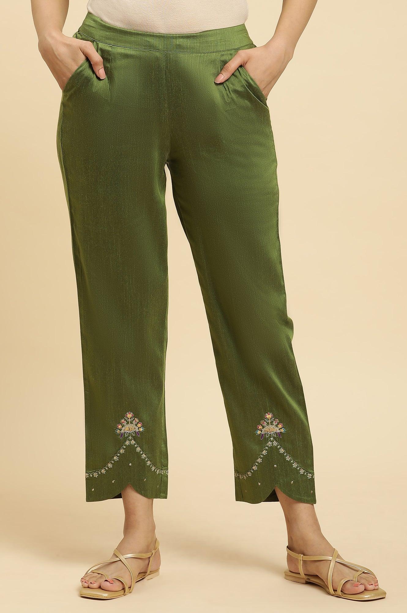 Olive Green Straight Pants With Embroidered Hemline - wforwoman