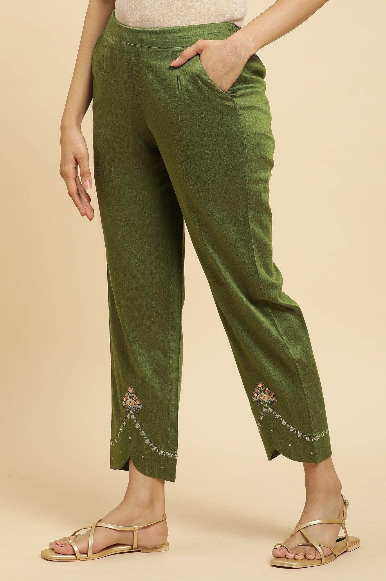 Olive Green Straight Pants With Embroidered Hemline - wforwoman