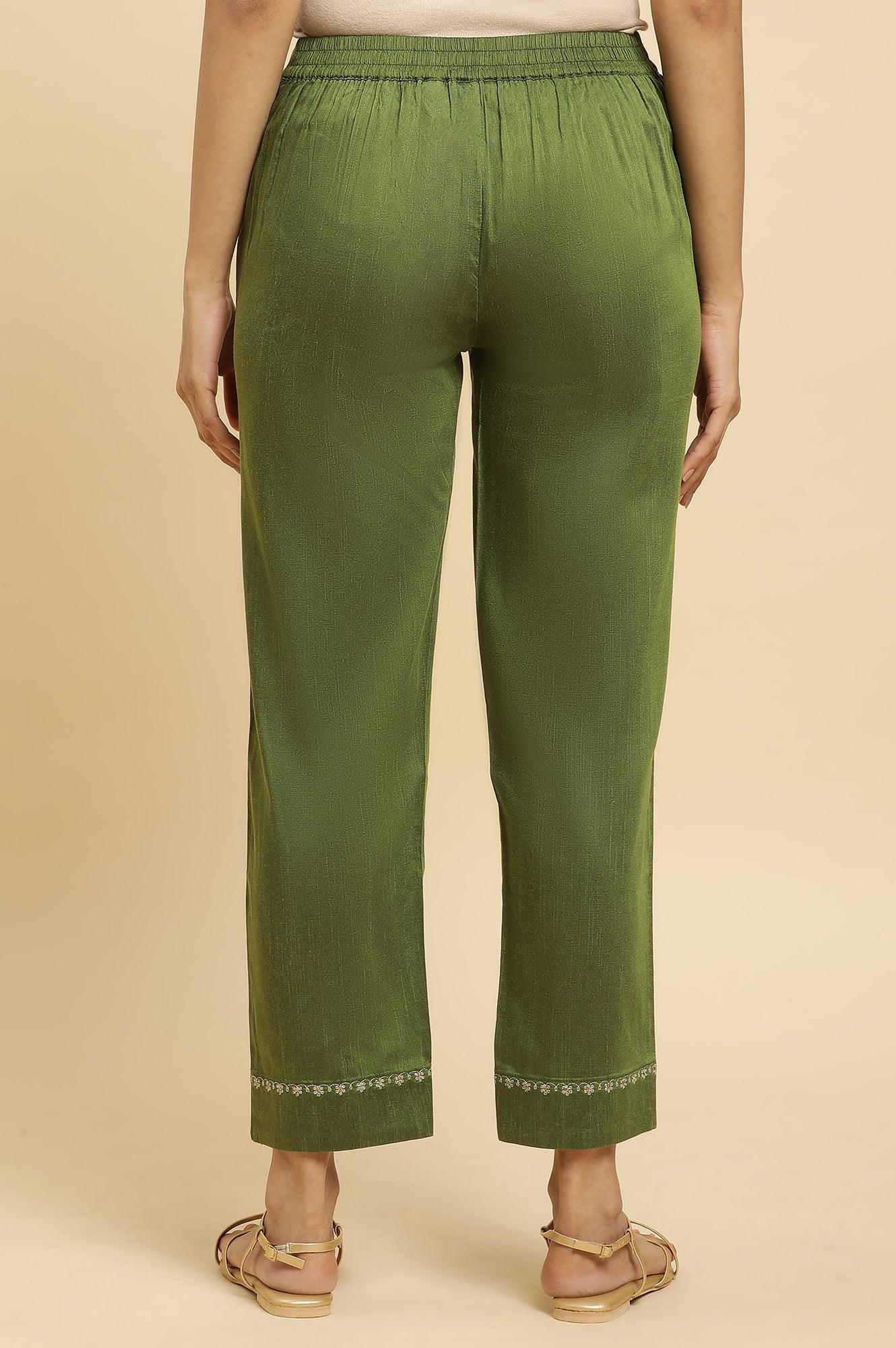 Olive Green Straight Pants With Embroidered Hemline - wforwoman