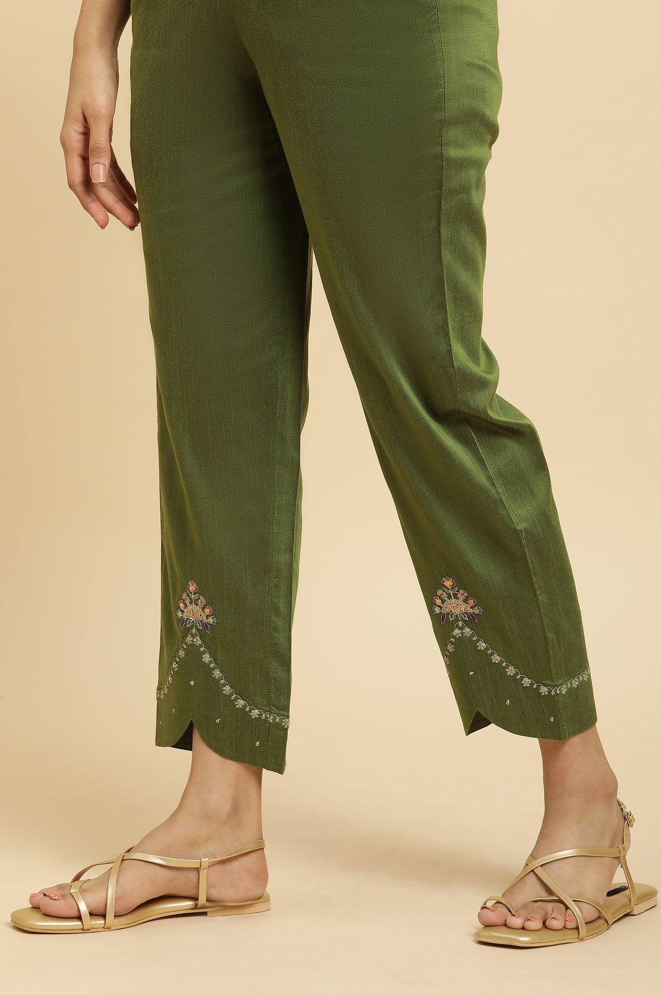 Olive Green Straight Pants With Embroidered Hemline - wforwoman