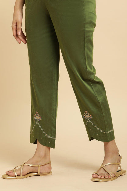 Olive Green Straight Pants With Embroidered Hemline - wforwoman