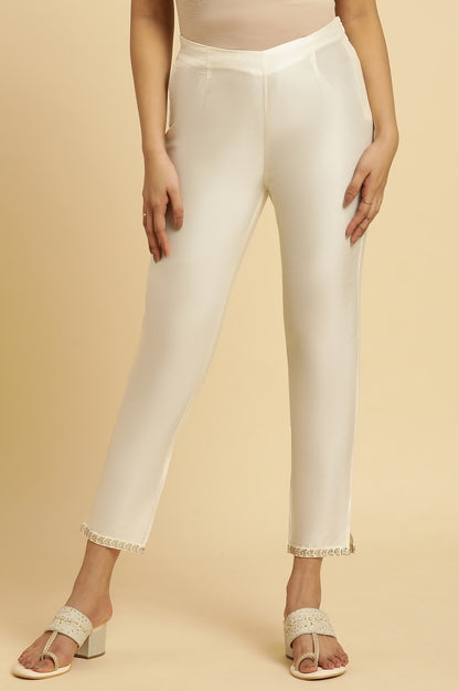 White Solid Embroidered Straight Woven Slim Pant