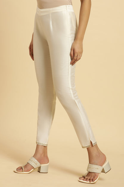 White Solid Embroidered Straight Woven Slim Pant