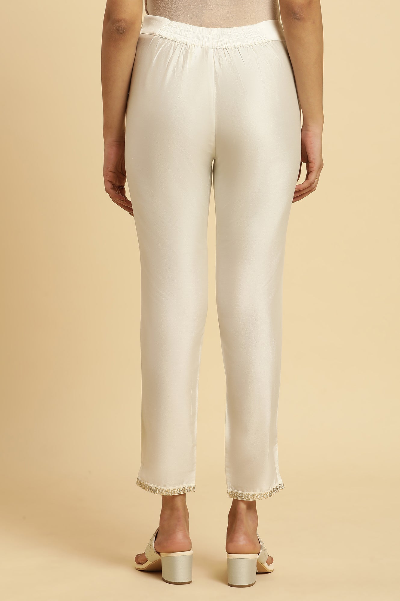 White Solid Embroidered Straight Woven Slim Pant